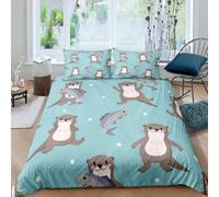 3D Housse de Couette 200x200 Loutre Dessin Animé 3 Pièces Parure de lit 2 Personnes Respirant Microfibre Art Fermeture Éclai Doux avec 2 Taie d'oreiller 65x65 1389-J