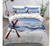 3D Housse de Couette Montagne Enneigée 140x200 Enfant 1Personnes Fermeture Éclair Microfibre Ultra Doux Respirante Hiver Paysage Ski Parure de Lit ado Fille Garcon 2 Taies d'oreiller 50x75