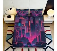 3D Impression Cyberpunk City Fitted Sheet Microfibre Chambre Deep Pocket Antidérapant Cyberpunk Mattress Fitted Cover Enveloppement Total Lavable pour Adultes 180x200x25cm