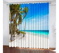 3D Impression Plage des Palmiers Rideaux Thermiques Isolants Lot de 2 Ciel Bleu Océan Rideaux Occultant 140x240 cm Rideaux à Oeillets pour Chambre Salon Maison Bureau Fenêtre