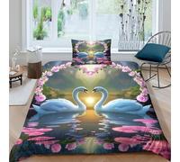 3D, Imprimé Cygne Ensemble De Literie Microfibre Super Douce Et Respirante Housse De Couette 3 Pièces Et Taie d'oreiller Single（135x200cm）