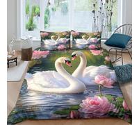 3D, Imprimé Cygne Ensemble De Literie Microfibre Super Douce Et Respirante Set De Housse De Couette 3 Pièces Et Taie d'oreiller King（220x240cm）