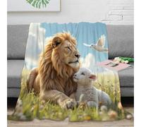 3D Imprimé Lion and Lamb Couverture de Lit Microfibre Literie Peaceful Nature scène Jeté de Canapé Infroissable Antistatique pour Foyers Jeunes Invités 60x80inch(150x200cm)