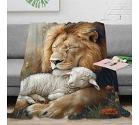 3D Imprimé Lion Hugging Lamb Couverture de Lit Microfibre Chaude Literie Peaceful Animal Art Jeté de Canapé Doux Inaltérable pour Familles Enfants Foyers 80×90inch(200x230cm)