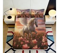 3D Imprimé Pégase Floral Fitted Sheet Microfibre Profonde Poche Antidérapant Parure de Lit Cheval Fantaisie Mattress Fitted Cover Lavable Maison 140x200x25cm