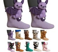 3D Knit Animal Socks, 2026 New Novelty Floor Sock for Christmas, Cute Novelty Animal Socks, Double Layer Hand Crochet Knit Sock, Designs for Men & Women (Bat,Taille unique)