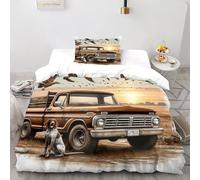 3D Le Camion du Chasseur Parure De Lit Enfants 2 Pièces Décoration De Chambre À Coucher avec 1 Taies d'oreiller avec Fermeture Éclair Single（135x200cm）