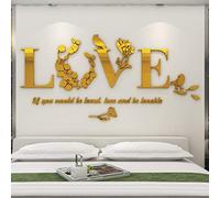 3D LOVE Miroir Stickers Autocollants Muraux Fleurs pour Décoration de la Maison Stickers Muraux Autocollant Mural pour Salon de la Chambre Decoration Murale (L, D'or)