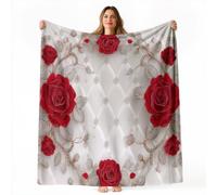 3D Luxe Douce Duveteuse Couverture Polaire en Flanelle, Fleurs Roses Diamants Confortable et Chaude Couvertures, Rouge Blanc Facile à Ranger pour Sofa lit Un Usage Domestique Quotidien, 130 x 150 cm
