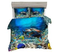 3D Mer Tortue Parures de Lit avec Taie D'oreiller 2 Personnes,Monde Sous-marin Bleu Fond de Récif de Corail Housse de Couette Enfant Jeunesse Décoration de la Chambre (Bleu 4, 200x200cm)