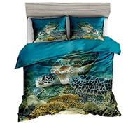 3D Mer Tortue Parures de Lit avec Taie D'oreiller 2 Personnes,Monde Sous-marin Bleu Fond de Récif de Corail Housse de Couette Enfant Jeunesse Décoration de la Chambre (Bleu 2, 200x200cm)