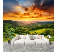 3D Moderne Art Photo Papier Peint 250x175 cm ForêT Nature Coucher De Soleil Paysage Papier Peint Panoramique Poster Geant Mural Fresque Murale intissé Vert Salon Chambre D'enfant Fond TV Décor