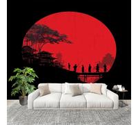 3D Moderne Art Photo Papier Peint 250x175 cm Style Japonais Samouraï Lune Pourpre Papier Peint Panoramique Poster Geant Mural Fresque Murale intissé noir Salon Chambre D'enfant Fond TV Décor