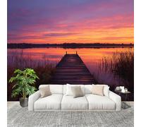 3D Moderne Art Photo Papier Peint 300x210 cm Coucher De Soleil Sur Le Lac Papier Peint Panoramique Poster Geant Mural Fresque Murale intissé Rouge Orangé Salon Chambre D'enfant Fond TV Décor