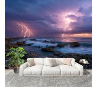3D Moderne Art Photo Papier Peint 350x256 cm éClairs Et Nuages Sombres Au Bord De La Mer Papier Peint Panoramique Poster Geant Mural Fresque Murale intissé Violet Salon Chambre D'enfant Fond TV Décor