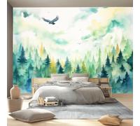 3D Moderne Art Photo Papier Peint Panoramique - Aquarelle Forêt Ciel Aigle Poster Geant Mural Décoration pour Chambre Salon Chambre D'enfant, Vert Papier Peint no intissé Murale 300 x 210 cm