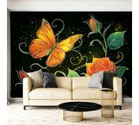 3D Moderne Art Photo Papier Peint Panoramique - Dessin Animé Papillon Vigne Fleur Poster Geant Mural Décoration pour Chambre Salon Chambre D'enfant, Noir Papier Peint no intissé Murale 250 x 175 cm