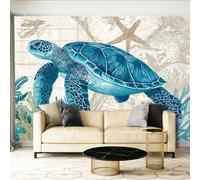 3D Moderne Art Photo Papier Peint Panoramique - Rétro Carte Tortue Corail Poster Geant Mural Décoration pour Chambre Salon Chambre D'enfant, Coloré Papier Peint no intissé Murale 200 x 140 cm