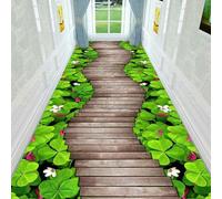 3D Moderne Route en Bois avec Tapis de Chemin Floral Vert Antidérapant Lavable pour Couloir Entrée Bureau Salon Chambre Cuisine Sol Décoration Moderne