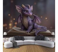 3D Panoramique Murale Animaux fantastiques Xiaolong s'est assis sur le livre 250x175cm Premium Papier Peint Soie Pour Salon Chambre Enfant Chambre Décoration Murale Moderne Photo Muraux, Violet