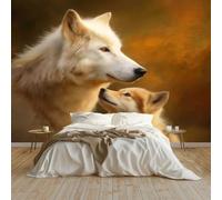 3D Panoramique Murale Animaux Loups Et Petits Papier Peint Intissé 350 x 256 cm pour Salon Chambre Enfant Décoration Murale, Kaki Poster Tableaux Photo Muraux