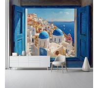 3D Panoramique Murale Architecture Moderne Insulaire Fenêtre, Bleu Marine Papier Peint Intissé Pour Salon Chambre Enfant Chambre Décoration Murale Moderne Tableaux Photo Muraux - 350 x 256 cm