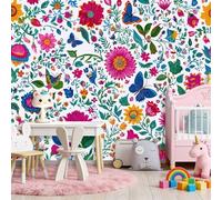 3D Panoramique Murale De Couleurs Vives Fleurs Feuilles Papillons, Couleur Premium Papier Peint Intissé Pour Salon Chambre Enfant Chambre, 200 x 140 cm Décoration Murale Moderne Poster
