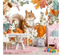 3D Panoramique Murale De Dessin Animé Feuilles Animaux Écureuil, Couleur Orange Premium Papier Peint Intissé Pour Salon Chambre Enfant Chambre, 300 x 210 cm Décoration Murale Moderne Poster