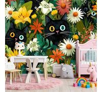 3D Panoramique Murale De Dessin Animé Fleurs Animaux Chat Noir, Couleur Premium Papier Peint Intissé Pour Salon Chambre Enfant Chambre, 200 x 140 cm Décoration Murale Moderne Poster
