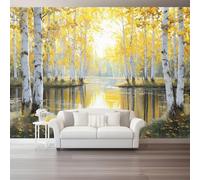 3D Panoramique Murale De Nature Étang Bouleaux, Couleur Premium Papier Peint Intissé Pour Salon Chambre Enfant Chambre, 350 x 256 cm Décoration Murale Moderne Poster