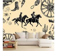 3D Panoramique Murale De Rétro Chevaux Cowboys Cactus, Kaki Premium Papier Peint Intissé Pour Salon Chambre Enfant Chambre, 200 x 140 cm Décoration Murale Moderne Poster
