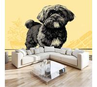 3D Panoramique Murale Dessin Au Trait Rétro Et Mignon D'Un Chiot, Jaune Premium Papier Peint Intissé - Décoration Murale Moderne Poster Tableaux Photo Muraux 150 x 105 cm pour Salon Chambre Enfant