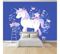 3D Panoramique Murale Dessins Animés Contes De Fées Licornes Fleurs, Bleu Premium Papier Peint Intissé - Décoration Murale Moderne Poster Tableaux Photo Muraux 200 x 140 cm pour Salon Chambre Enfant