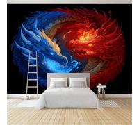 3D Panoramique Murale Fantastique Magie Dragons Jumeaux De Glace Feu, Noir Premium Papier Peint Intissé - Décoration Murale Moderne Poster Tableaux Photo Muraux 300 x 210 cm pour Salon Chambre Enfant