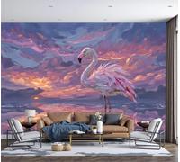 3D Panoramique Murale Flamants Roses Coucher Soleil | Papier Peint Intissé Peintures L'Huile Impressionnistes D'Animaux Pour Salon Chambre Chambre Décoration Murale Tableaux Photo Muraux,250X175Cm