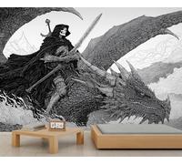 3d Panoramique Murale Noir et Blanc Papier Peint Crâne Sur Le Thème Du Chevalier Papier Peint Dragon Fantastique pour Salon Chambre Enfant Décoration Murale 300 X 240 cm