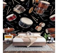 3D Panoramique Murale, Noir Intérieure Photo Papier Peint 300x210 cm | Décoration Murale Moderne Poster Tableaux Photo Muraux Rock Musique Batterie Papier Peint Art Pour Chambre Salon