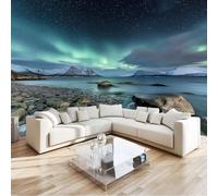 3D Panoramique Murale Norvège Aurore Boréale Paysage Papier Peint Intissé 350x256 cm pour Salon Chambre Enfant Chambre Décoration Murale Poster Tableaux Photo Muraux