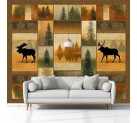 3D Panoramique Murale Paysage Pastoral Cerfs Forêt Patchwork, Multicolore Premium Papier Peint Intissé - Décoration Murale Moderne Poster Tableaux Photo Muraux 200 x 140 cm pour Salon Chambre Enfant