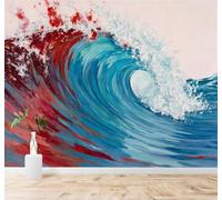 3D Papier Peint Abstrait Créatif Mer Bleue Vagues Éclaboussures Rouges | Soie Texturée Haut de Gamme Idéale Pour le Bureau la Salle à Manger Salon Chambre Canapé et Décoration Murale-200cm×140cm