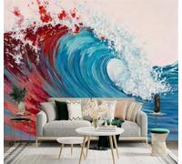 3D Papier Peint Abstrait Créatif Mer Bleue Vagues Éclaboussures Rouges | Tissu en Soie Véritable à la Texture Raffinée Adapté au Salon Chambre Bureau Salle Manger et Mur Derrière le TV-430cm×300cm