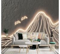 3D Papier Peint Abstrait Montagnes Lumineuses Lignes Oiseaux Lueur Dorée | Tissu en Soie Véritable à la Texture Raffinée Adapté au Salon Chambre Bureau Salle Manger et Mur Derrière le TV-300cm×210cm