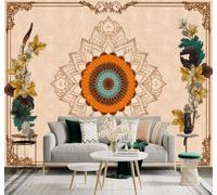 3D Papier Peint Abstrait Rétro Motifs Floraux Fleurs Orange Cadre Décoratif | Tissu en Soie Véritable à la Texture Raffinée Adapté au Salon Chambre Bureau Salle Manger et Mur Derrière le TV-350cm×256cm