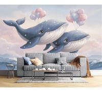 3D Papier Peint Animaux De Dessins Animés Fantastiques, Baleine Ballon Mer De Nuages Papier Peint Panoramique, Soie Murale Pour Salon Chambre Chambre D'Enfant Décoration Murale, 250x175cm, Rose Bleu