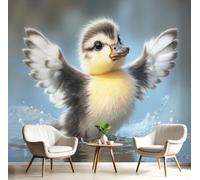 3D Papier Peint Animaux Réalistes Dessins Animés, Canard Mignon Nageant Papier Peint Panoramique, Soie Murale Pour Salon Chambre Chambre D'Enfant Décoration Murale, 250x175cm, Jaune Grisâtre