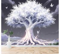 3D Papier Peint Arbres Blancs Racines Lumineuses Pigeons Vol Ciel Nocturne | Texture Soyeuse Haut de Gamme Adaptée au Bureau à la Salle Manger au Coin Canapé Chambre Salon et Mur Derrière TV-250cm×170cm