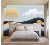 3D Papier Peint Arbres Dorés Abstrait Collines Ondulées Nuages Paysage | Texture Soyeuse Haut de Gamme Adaptée au Bureau à la Salle Manger au Coin Canapé Chambre Salon et Mur Derrière TV-200cm×140cm