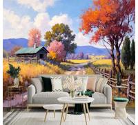 3D Papier Peint Automne Arbres Colorés Maisons Campagne Montagnes Chemins | Texture Soyeuse Haut de Gamme Adaptée au Bureau à la Salle Manger au Coin Canapé Chambre Salon et Mur Derrière TV-200cm×140cm