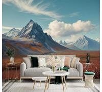 3D Papier Peint Automne Vallée Montagnes Enneigées Ciel Bleu Nuages Blancs | Tissu en Soie Véritable à la Texture Raffinée Adapté au Salon Chambre Bureau Salle Manger et Mur Derrière le TV-400cm×280cm