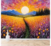 3D Papier Peint Beau Champ Fleurs Coucher De Soleil Montagnes Ciel Coloré | Texture Soyeuse Haut de Gamme Adaptée au Bureau à la Salle Manger au Coin Canapé Chambre Salon et Mur Derrière TV-350cm×256cm